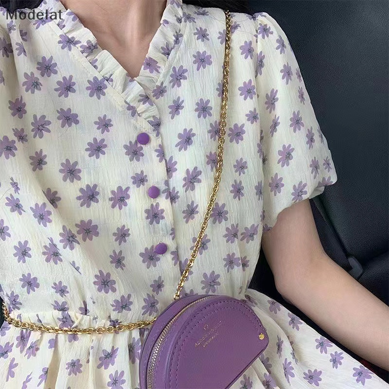 Đầm Midi Tay Phồng Cổ Tròn In Họa Tiết Hoa Phong Cách Vintage Thời Trang Mùa Hè Cho Nữ