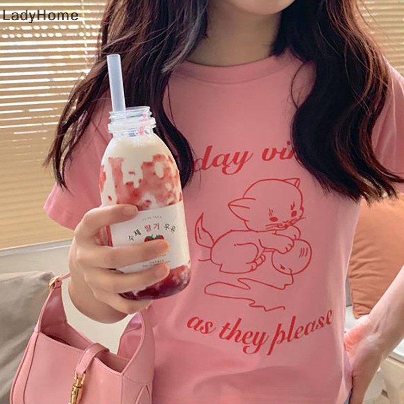 Áo Thun Crop Top Tay Ngắn Cổ Tròn In Họa Tiết Mèo Hoạt Hình Thời Trang Mùa Hè Xinh Xắn Cho Nữ