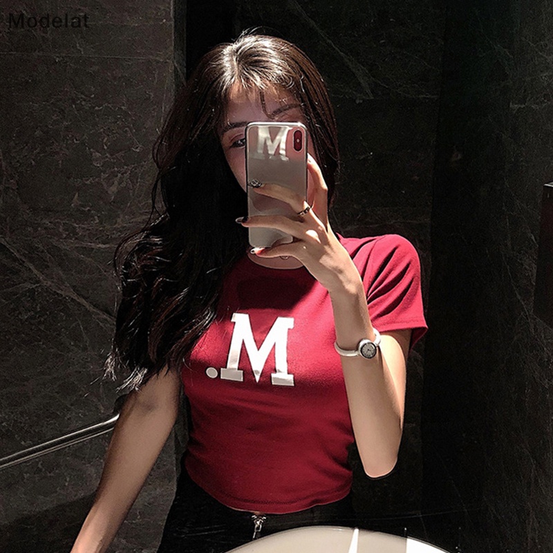 Áo Thun Crop Top Tay Ngắn Cổ Tròn In Chữ Thời Trang Mùa Hè Cho Nữ