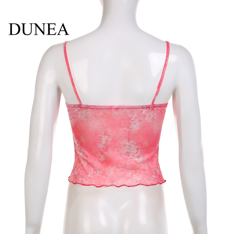 DUNEA Áo Tank Top Cổ Chữ V Phối Lưới Họa Tiết Hoa Quyến Rũ Cho Nữ