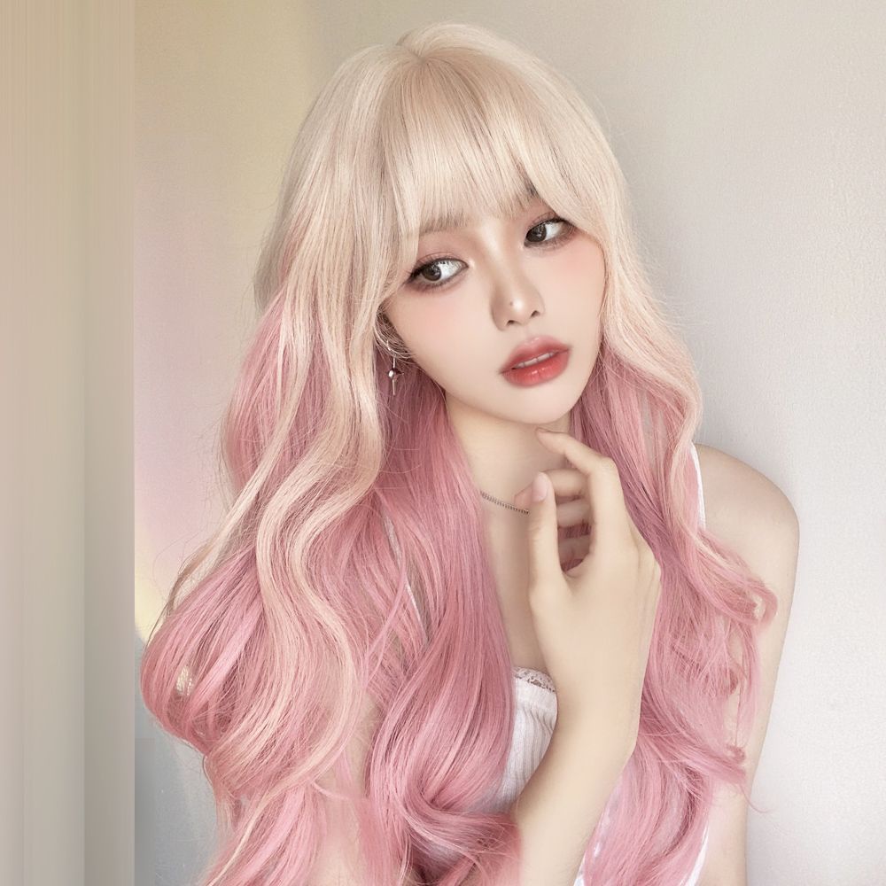 Bạch kim Gradient Hồng dài xoăn tóc hợp thời trang mát mẻ Influencer Gradient đầy màu sắc sóng lớn Full Tóc giả L23-j012