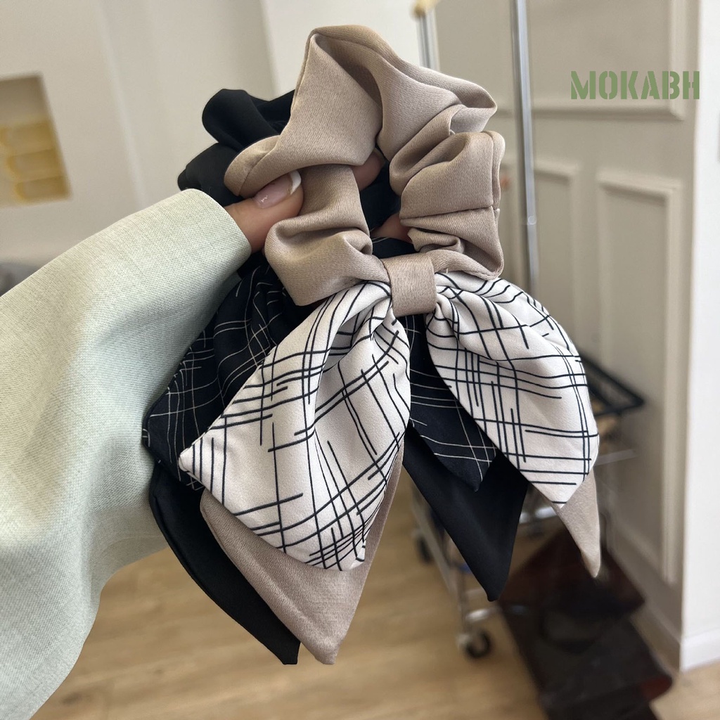 Dây Buộc Tóc Ruy Băng Thắt Nơ In Họa Tiết Kẻ Sọc Phong Cách Hàn Quốc