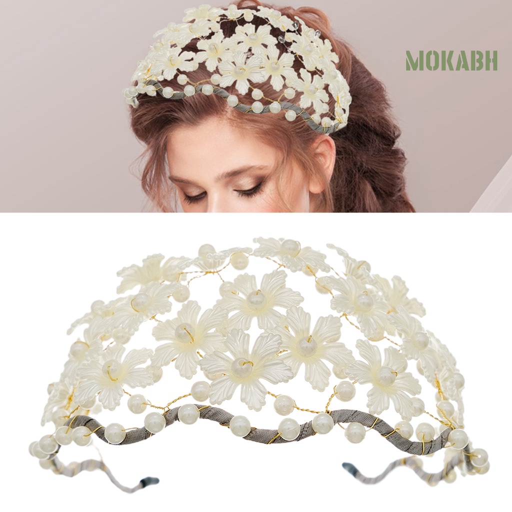 [Mok Abh] Băng Đô Cài Tóc Co Giãn Chống Trượt Họa Tiết Hoa Đính Ngọc Trai Giả Dành Cho Nữ