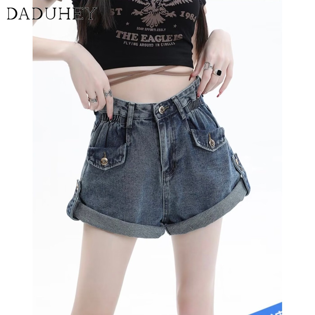 Quần short denim DADUHEY size lớn kiểu chữ A dáng rộng cạp cao nhiều túi thời trang mới Hàn Quốc