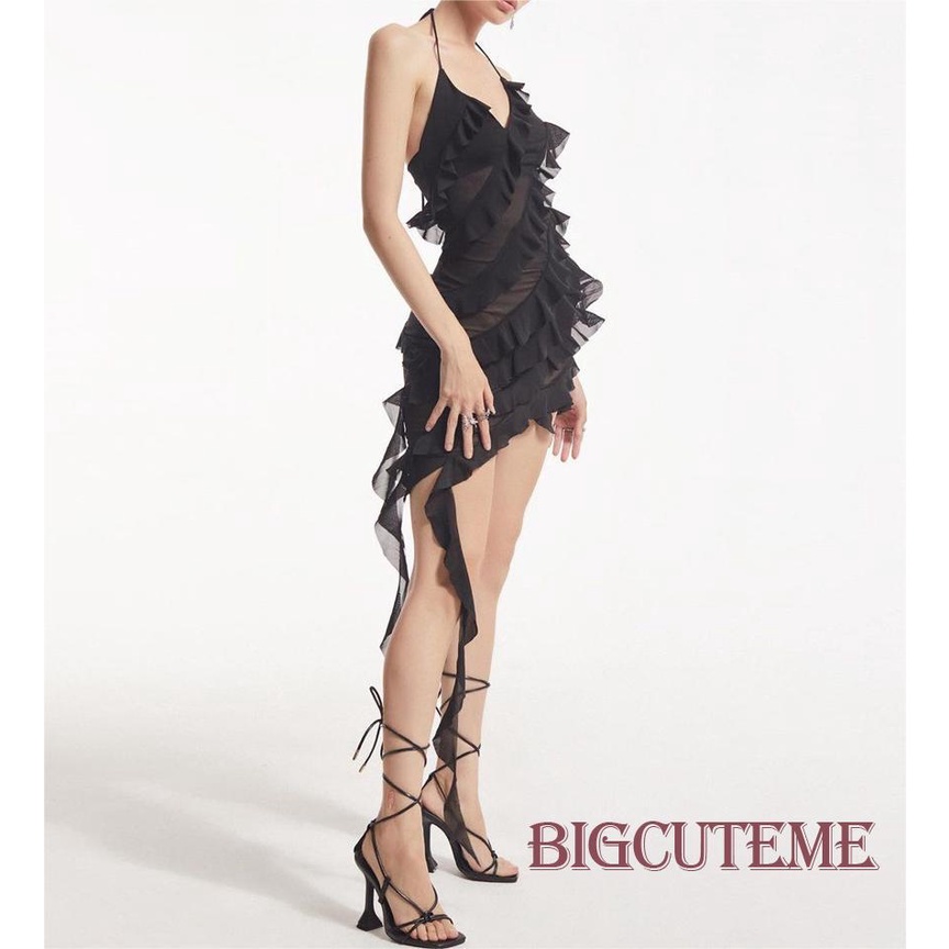 [] - Đầm Mini Không Tay Phối Lưới Màu Trơn Ôm Dáng Gợi Cảm Cho Nữ