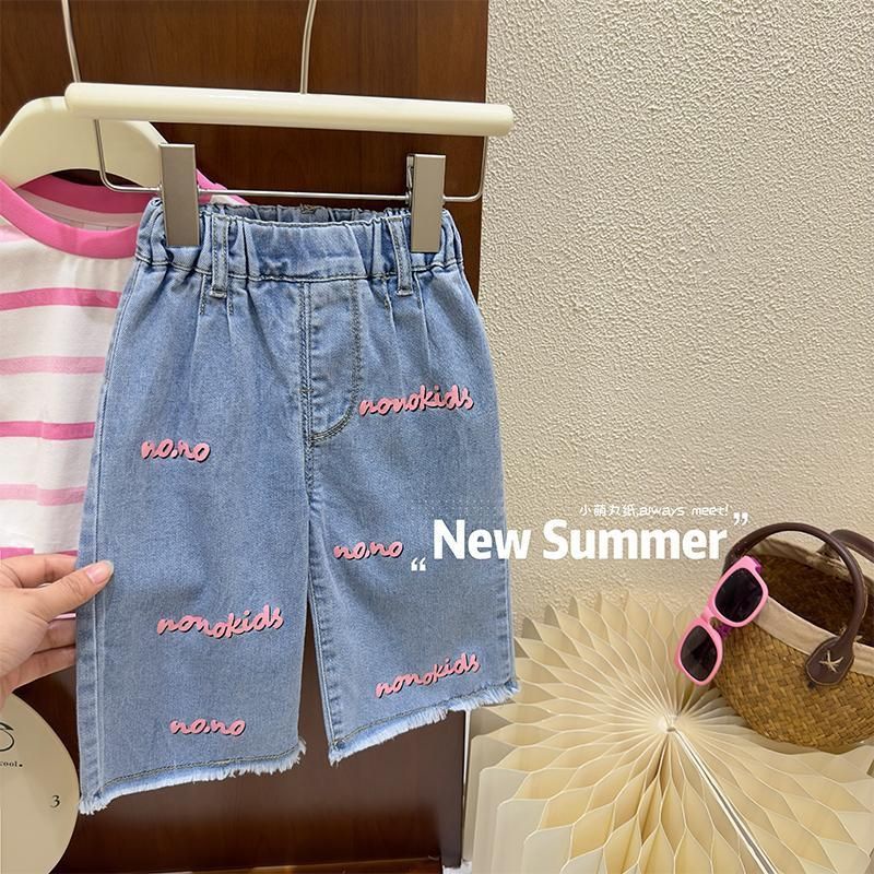 Hàng Có Sẵn Quần Denim Lửng Ống Rộng In Chữ Siêu Mềm Thời Trang Mùa Hè 2023 Dành Cho Bé Gái