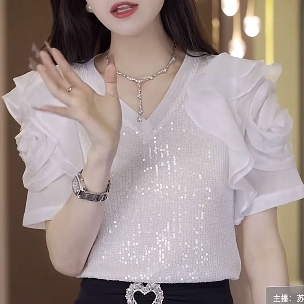 Áo Kiểu Cổ Chữ V Phối Ren Đính Kim Sa Lấp Lánh Thời Trang Mùa Hè 2023