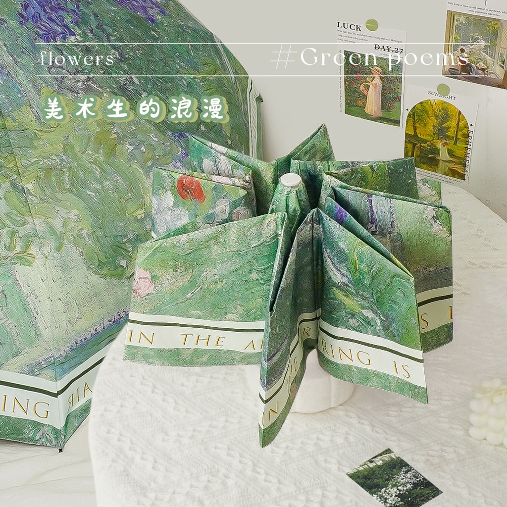 Dù Gấp Tự Động Chống Nắng Mưa / Nắng In Hình Tranh Sơn Dầu Cổ Điển Chất Lượng Cao Cho Nữ