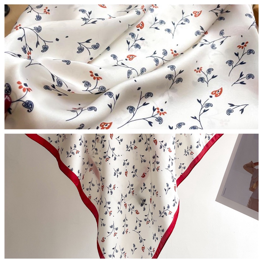 Khăn Choàng Cổ Hình Vuông 70X70Cm Chất Liệu Lụa In Họa Tiết Hoa Xinh Xắn Thời Trang Cho Nữ