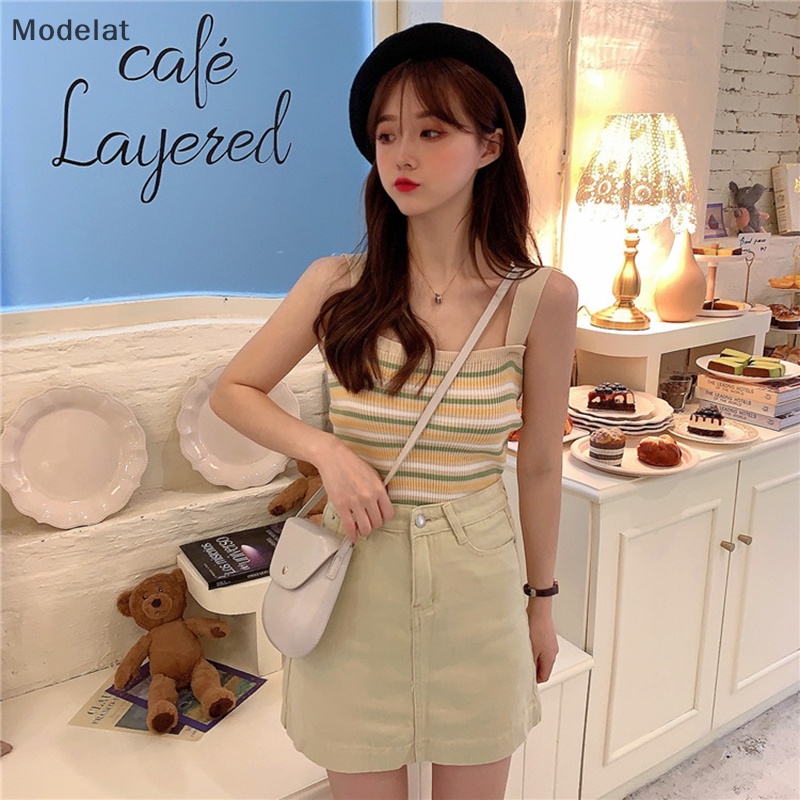 Áo Dệt Kim Hai Dây Dáng Ôm In Họa Tiết Kẻ Sọc Phong Cách Vintage Thời Trang Mùa Hè Dành Cho Nữ