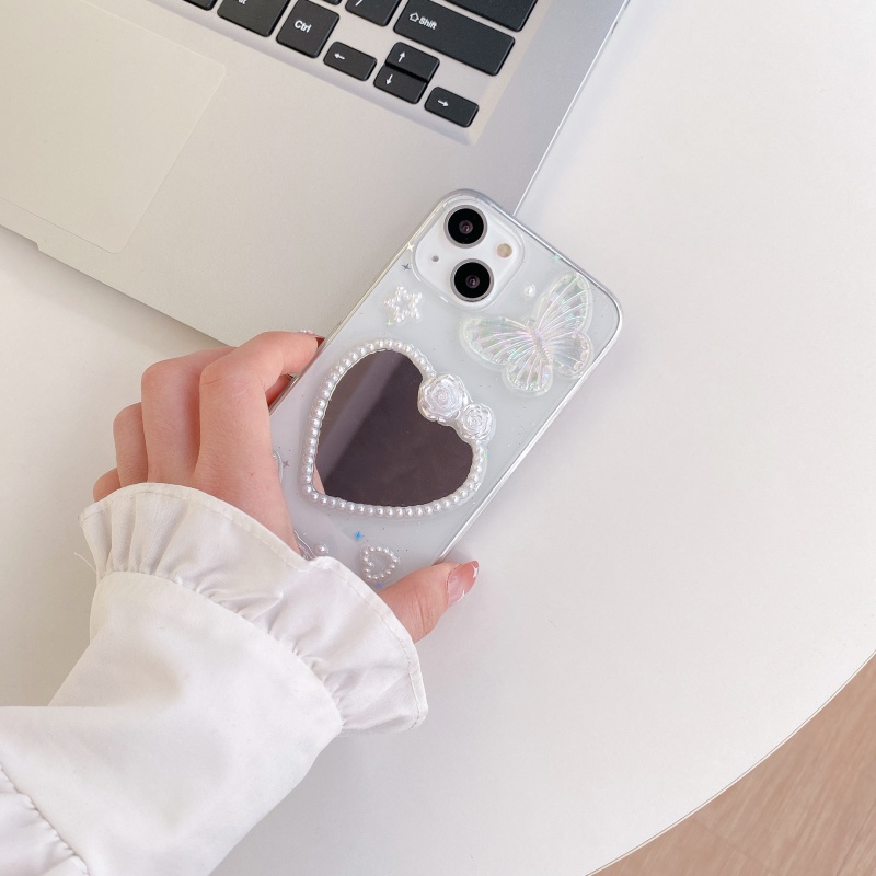 Ốp Điện Thoại Mềm Trong Suốt Chống Sốc Gắn Kèm Gương Hình Bướm / Hoa Hồng 3D Dành Cho iPhone 14 13 12 11 Pro Max 14 Plus