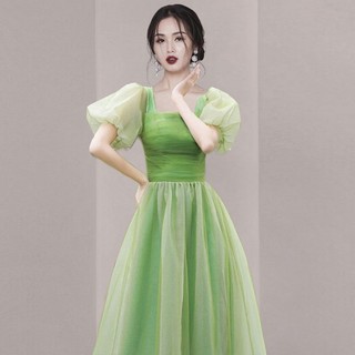 Đầm Tay Phồng Cổ Vuông Màu Xanh Lá Thời Trang Mùa Hè 2023 Mới Phong Cách Pháp Cho Nữ