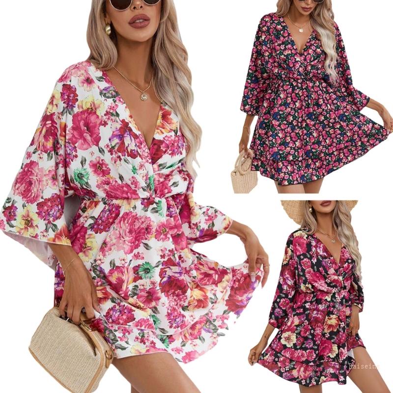 Đầm Xòe Cổ Chữ V Tay Ngắn Phong Cách Bohemian Thanh Lịch Dành Cho Nữ