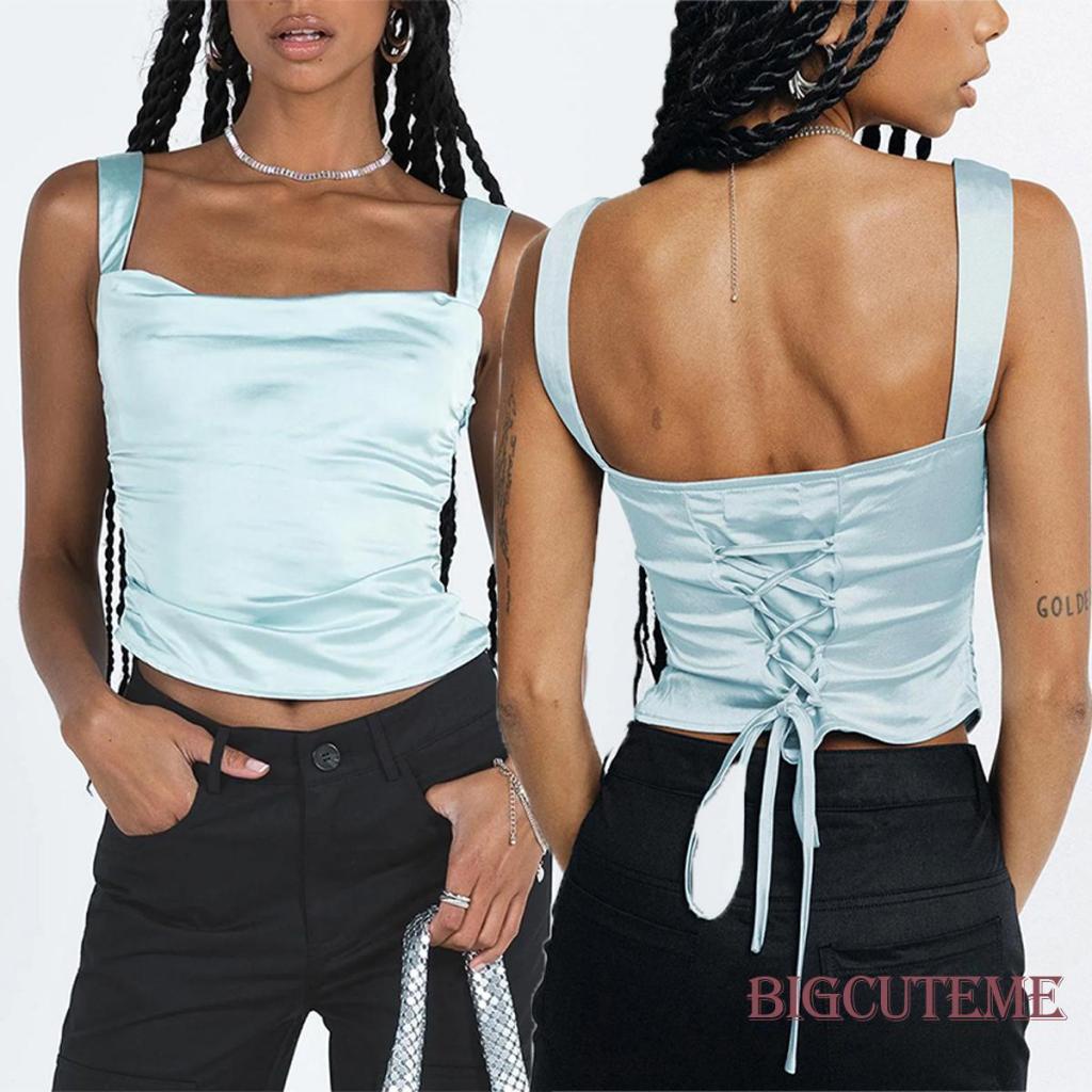 [] - Áo Crop Top Hai Dây Màu Trơn Mùa Hè Thẩm Mỹ Dành Cho Nữ Màu Xanh Dương