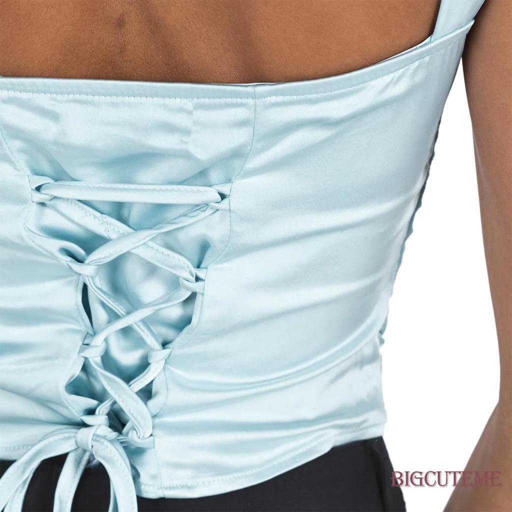 [] - Áo Crop Top Hai Dây Màu Trơn Mùa Hè Thẩm Mỹ Dành Cho Nữ Màu Xanh Dương