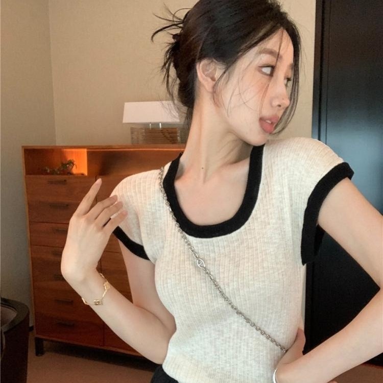 COZOK Áo Thun Dệt Kim Ngắn Tay Cổ Chữ U Phối Màu Tương Phản Thời Trang