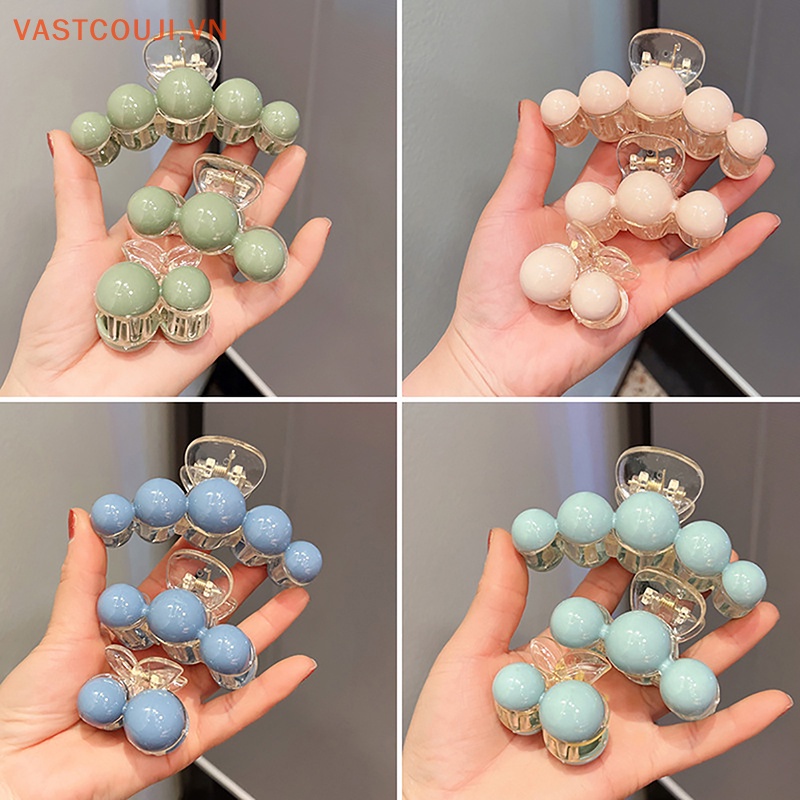 Kẹp Tóc Càng Cua Bằng Nhựa Đính Hạt Tròn Màu Xanh Lá Cây Chống Trượt Thời Trang Mùa Hè Cho Nữ