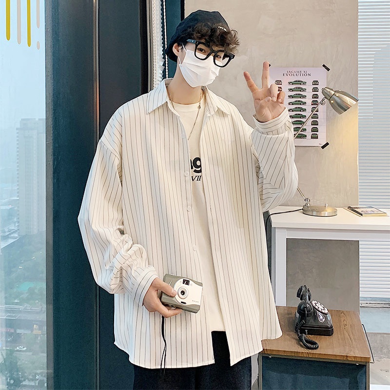 Áo Sơ Mi Nam Dài Tay Dáng Rộng Họa Tiết Kẻ Sọc Phong Cách Hong Kong Nhật Bản Thời Trang Mùa Hè
