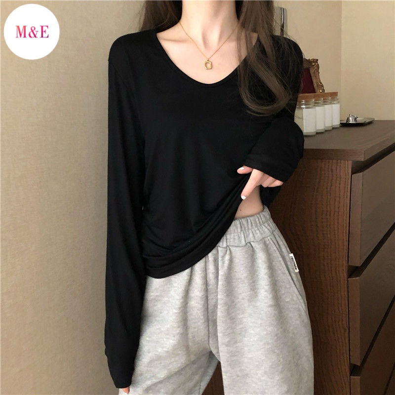 Áo Thun Dài Tay Cổ Chữ v Lót Lông Cừu Phong Cách Hàn Quốc Thời Trang Xuân Thu Mới 2022 Cho Nữ