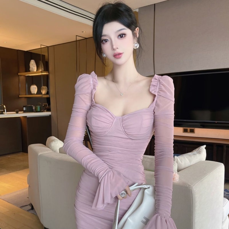 New pure style tight long-sleeved dress mesh with chest pad square collar tight skirt horn sleeve pleated hip sexy skirt