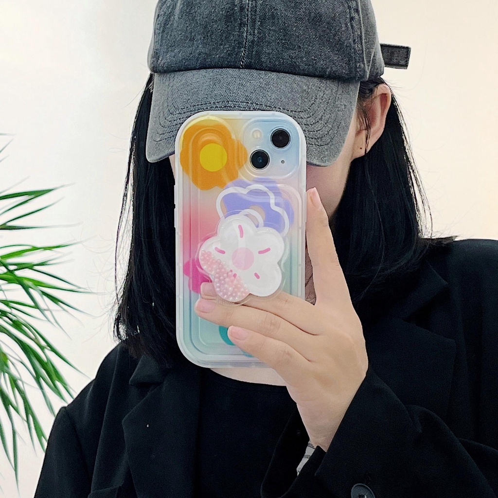 Ốp Điện Thoại TPU Dẻo Trong Suốt Họa Tiết Hoa &amp; Cầu Vồng Kèm Giá Đỡ Chống Rơi Cho iPhone 14 Plus 13 12 11 Pro Max