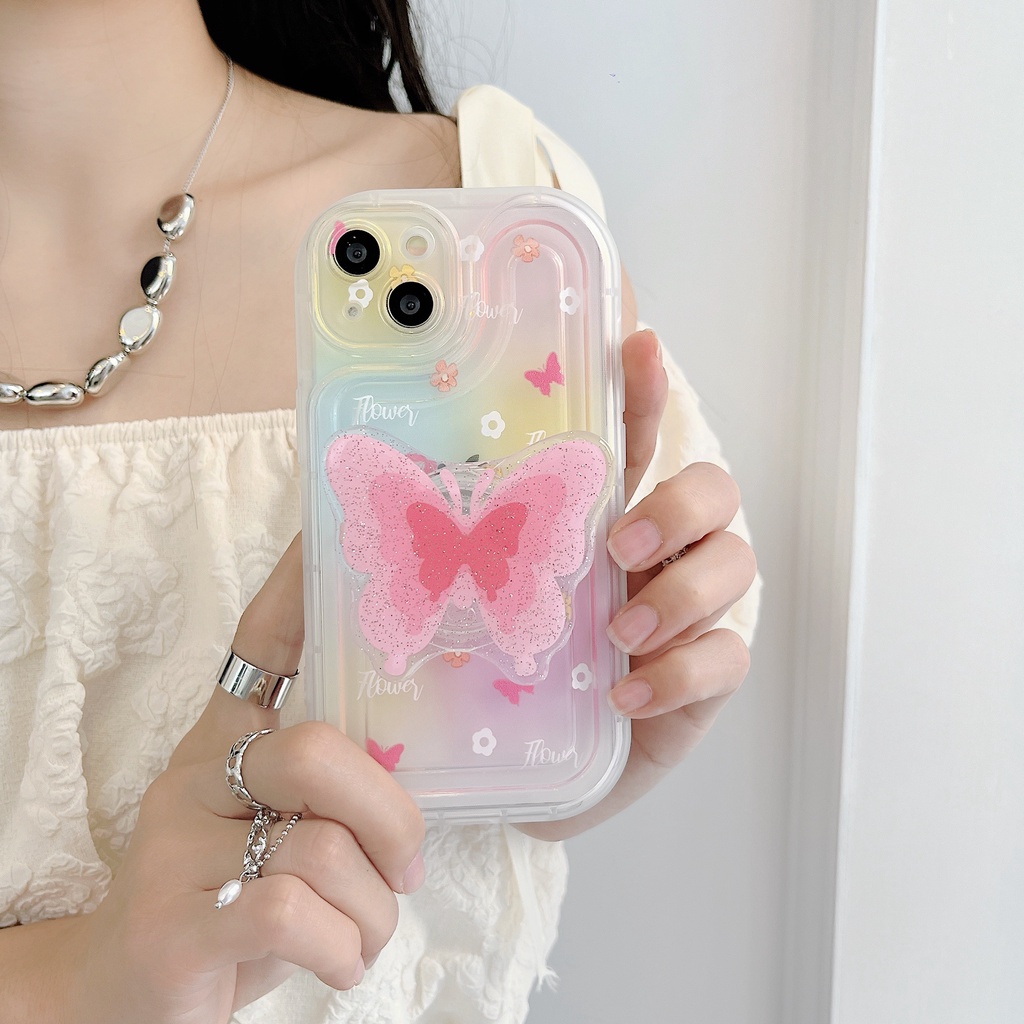 Ốp Điện Thoại TPU Silicone Mềm Trong Suốt Chống Sốc In Hình Bướm Hồng Sáng Tạo Có Giá Đỡ Cho iPhone 14 Plus 13 12 11 Pro Max