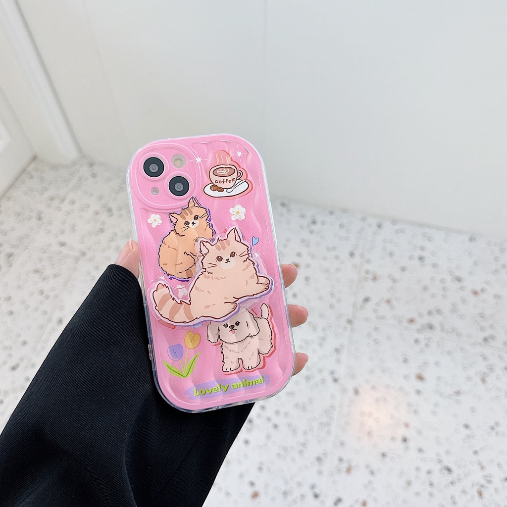 Ốp Điện Thoại TPU Dẻo Trong Suốt Họa Tiết Hoạt Hình Chó Mèo Kèm Giá Đỡ Cho iPhone 13 12 11 Pro Max 14 Plus