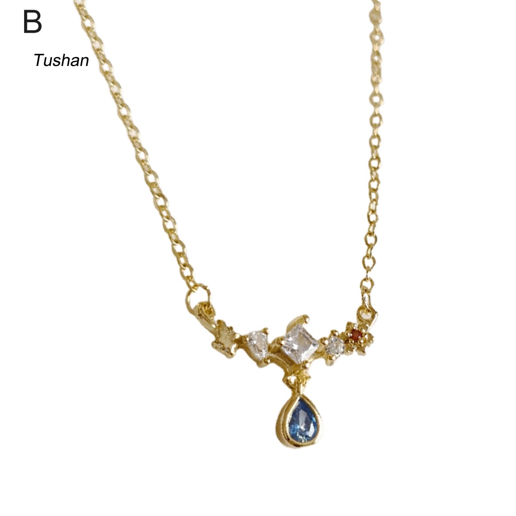 [Ts] Vòng cổ Đồng Bạc Mặt Đá Zircon Hình Giọt Nước Xanh Dương Vintage Chống Mài Mòn Mùa Hè Cho Nữ