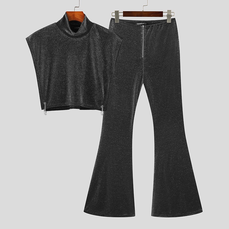 INCERUN Bộ Áo Croptop + Quần Ống Loe Xinh Xắn Dành Cho Nữ