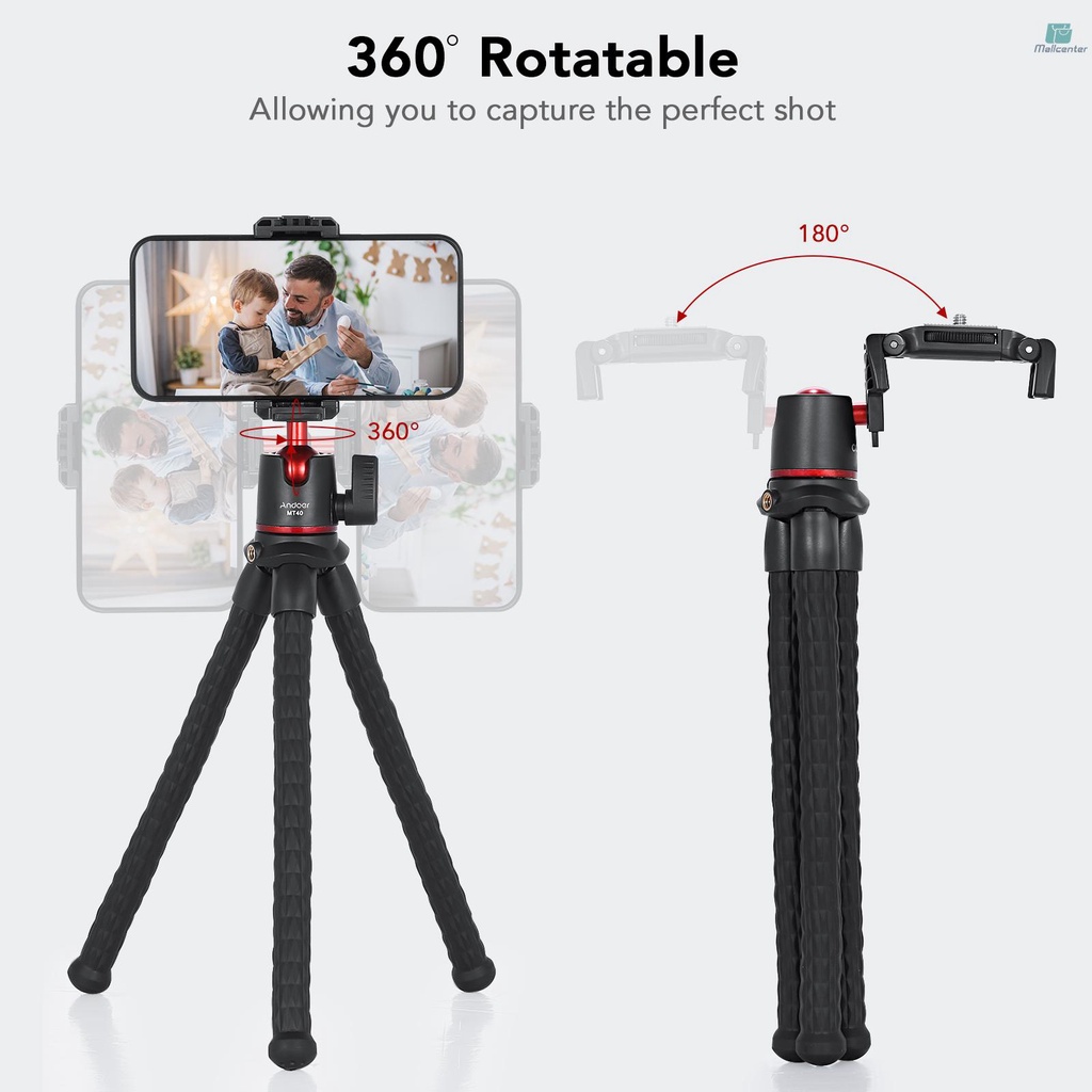 Andoer MT40 Flexible Octopus Tripod Stand Desktop Vlog Bracket 360° Rotatabble with 1/4 Inch Screw &amp; Phone Holder 2-in-1 Platform Cold Shoe Mount for Smartphone Camera Vlog Selfie Live Streaming