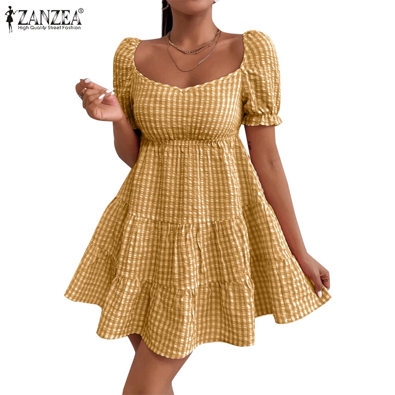 Đầm ZANZEA cổ vuông tay phồng nhiều lớp họa tiết sọc caro thời trang cho nữ