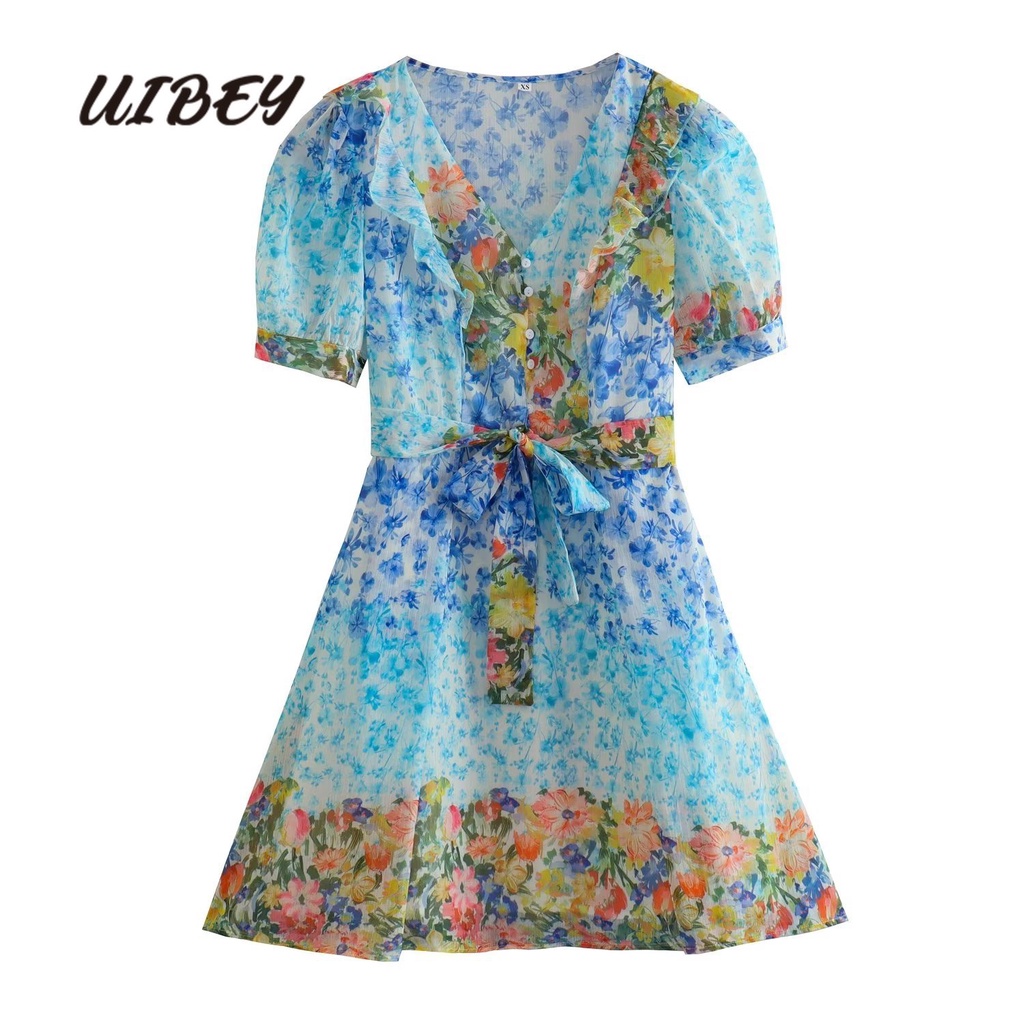 Uibey Đầm Cổ V Ngắn Tay In Họa Tiết Thời Trang Quý Phái 4295