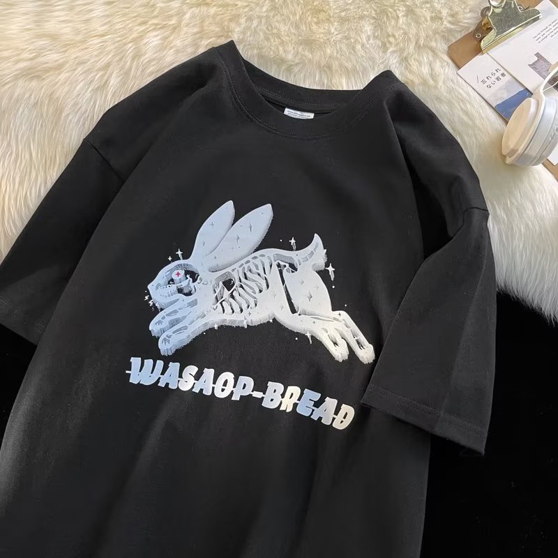 Áo Thun Cotton Tay Ngắn Dáng Rộng In Hình Thỏ Bông Màu Trơn Dễ Phối Đồ Thời Trang Mùa Hè Cho Nam Và Nữ