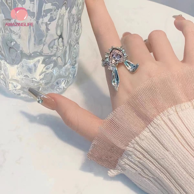 Nhẫn Hở Hình Tai Thỏ Đính Đá Zircon Màu Hồng Dễ Thương Có Thể Điều Chỉnh Cho Nữ / Cặp Đôi