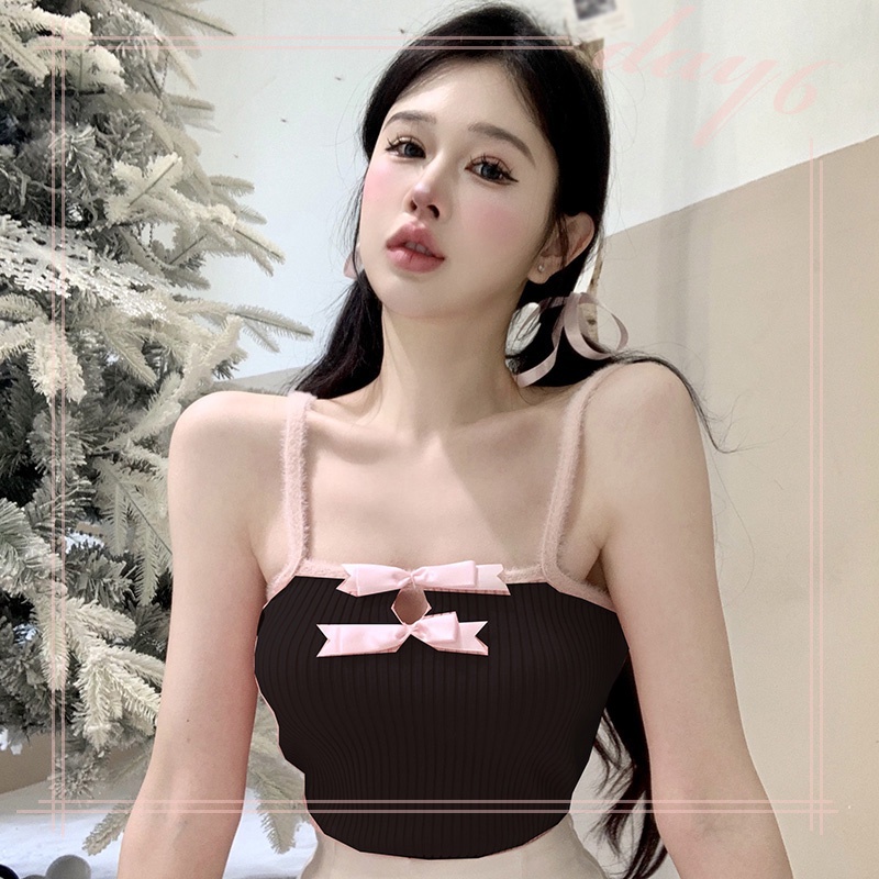 Áo Croptop Sát Nách Màu Sắc Tương Phản Thiết Kế Dây Cột Nơ Quyến Rũ