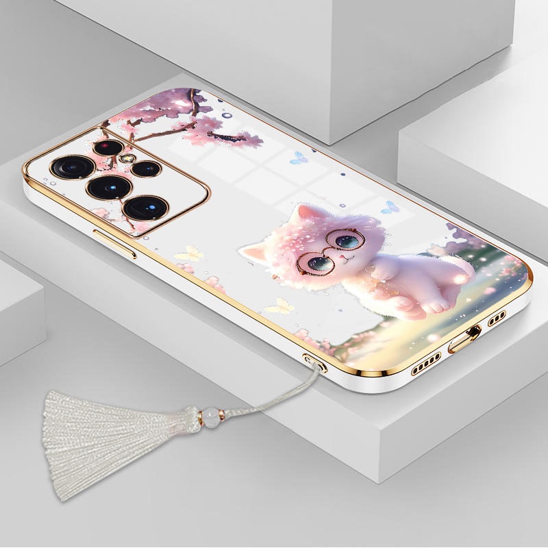 Ốp Điện Thoại TPU Silicon Mềm Mạ Viền Hình Mèo Kèm Dây Đeo Cho Samsung S23 Ultra S23 Plus S23