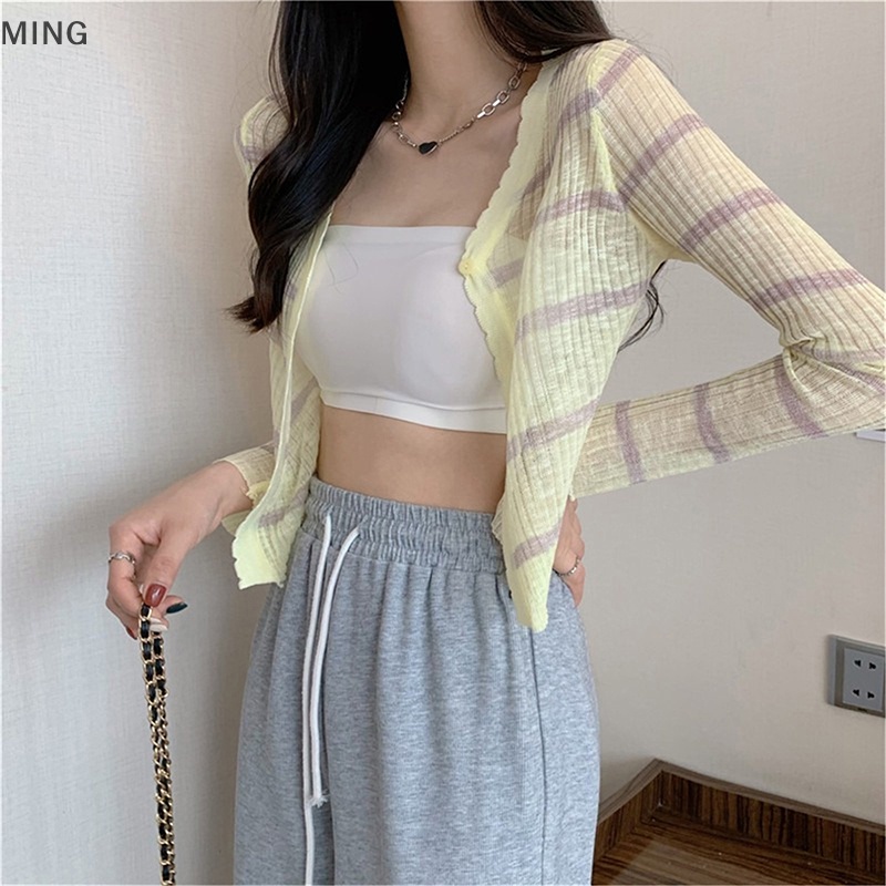 Áo Khoác Cardigan Dệt Kim Mỏng Dáng Rộng Cổ V Xẻ Sâu Phối Nút Họa Tiết Kẻ Sọc Trẻ Trung
