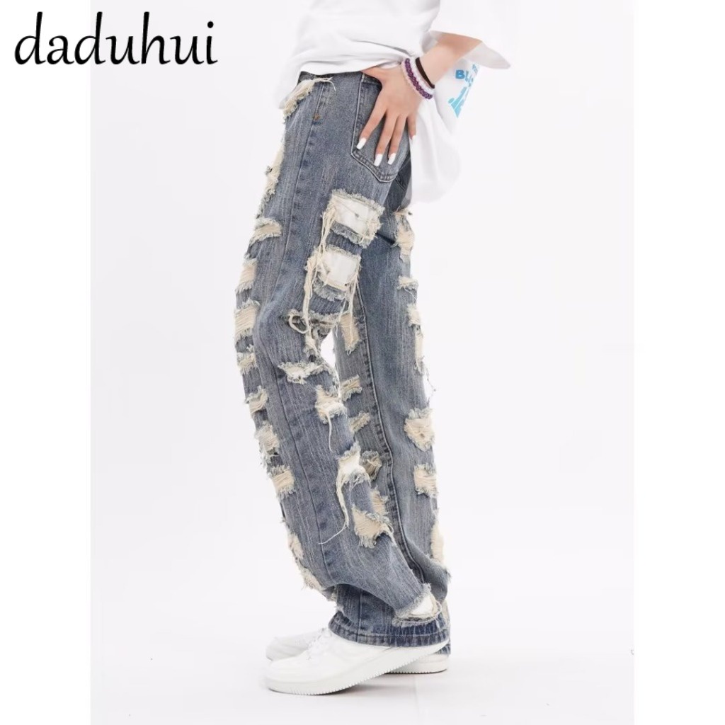 Daduhui New American Ins Retro Ripped Jeans Women's High Waist Loose Wide Leg Pants Large Size Trousers