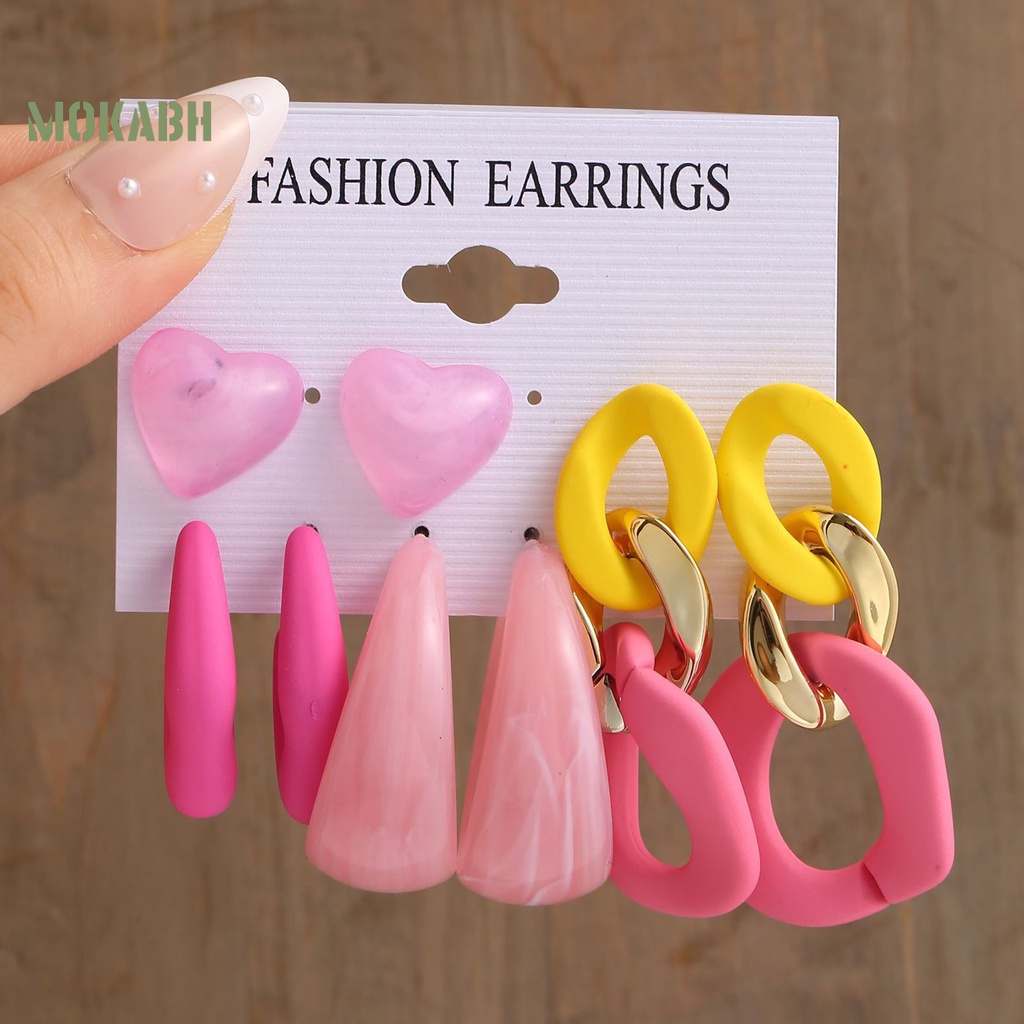 Set 4 / 6 Đôi Khuyên Tai Hình Học Trái Tim Màu Kẹo Ngọt Bằng Acrylic Sáng Tạo