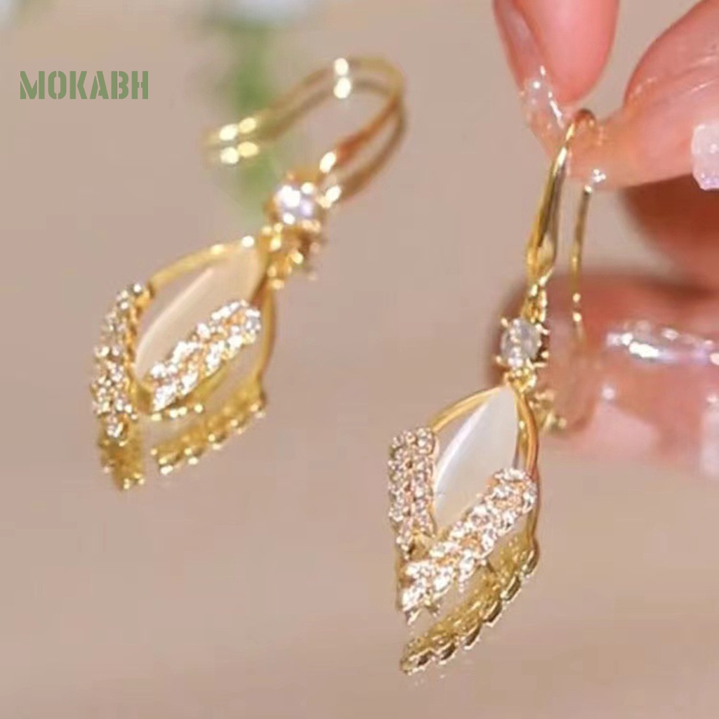 1 Đôi Bông Tai Hình Chiếc Lá Đính Đá Mắt Mèo Nhân Tạo Thời Trang Dành Cho Nữ