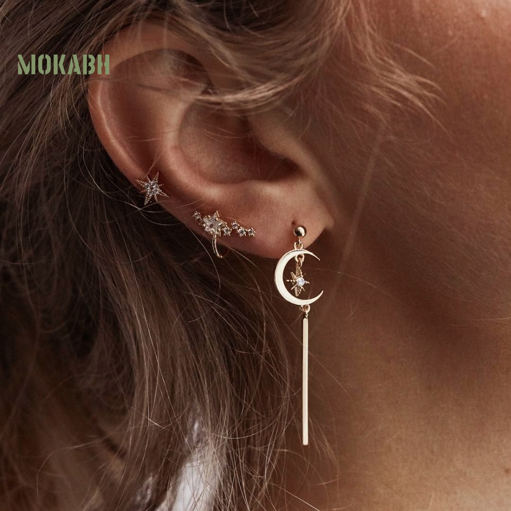 Bộ 3 Bông Tai Hình Ngôi Sao / Mặt Trăng Đính Đá Thời Trang Cho Nữ