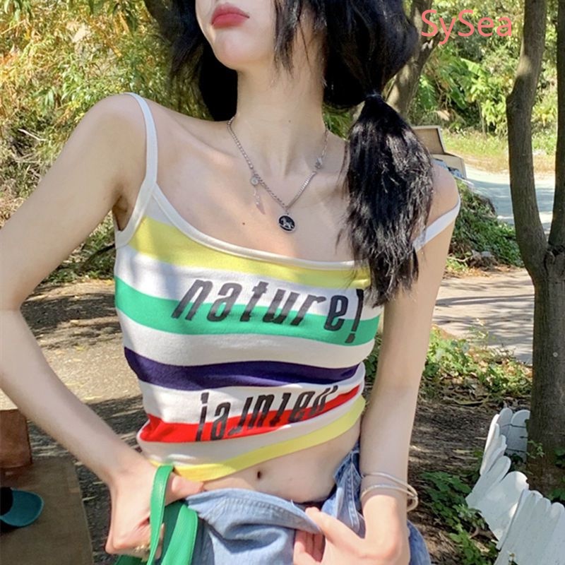 Áo Hai Dây Họa Tiết Kẻ Sọc In Chữ Phong Cách Retro Cho Nữ