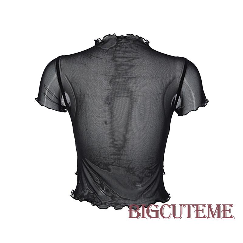 [] Áo Thun Lưới Tay Ngắn In Chữ Lettuce Trim Cơ Bản Mùa Hè Màu Đen Cho Nữ