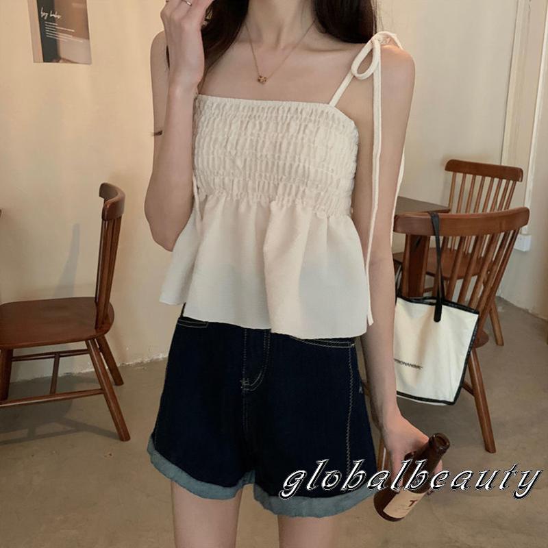 Áo Hai Dây Kiểu Xếp Ly Màu Trơn Thời Trang Mùa Hè Cho Nữ