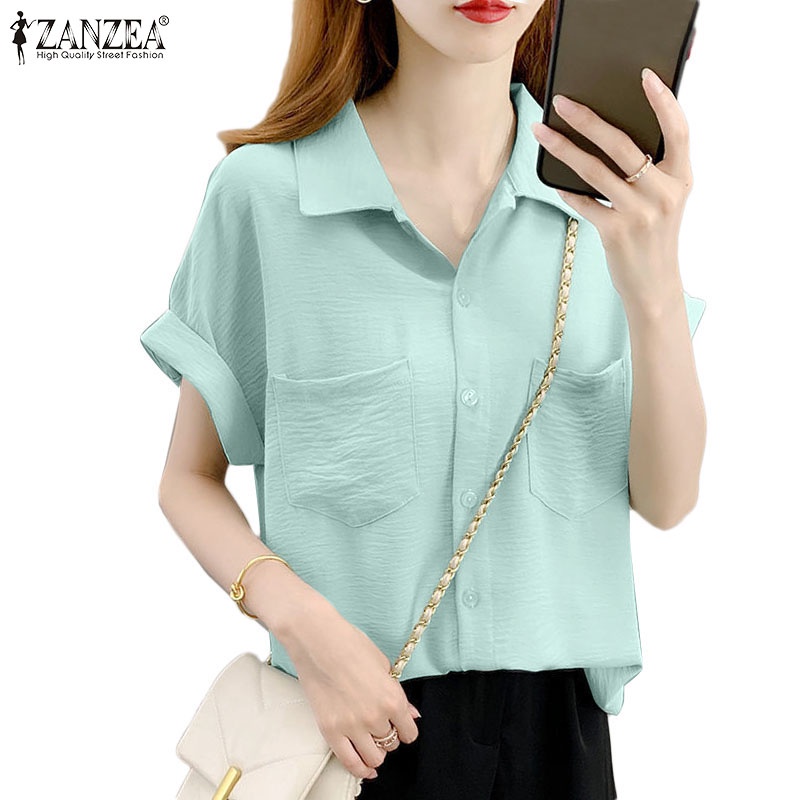 ZANZEA Áo Sơ Mi Nữ Ngắn Tay Có Túi Thời Trang Hàn Quốc