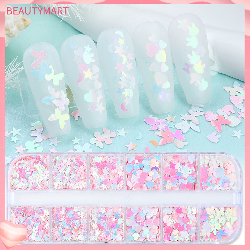 [beautymart] Hộp Kim Tuyến 12 Ngăn Hình Ngôi Sao / Trái Tim / Thỏ / Bướm / Lấp Lánh Trang Trí Móng Nghệ Thuật