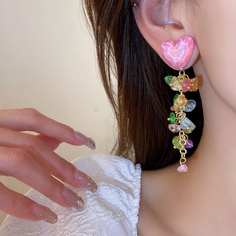 Bông Tai Dáng Dài Đính Đá Phối Tua Rua Thời Trang Cho Nữ