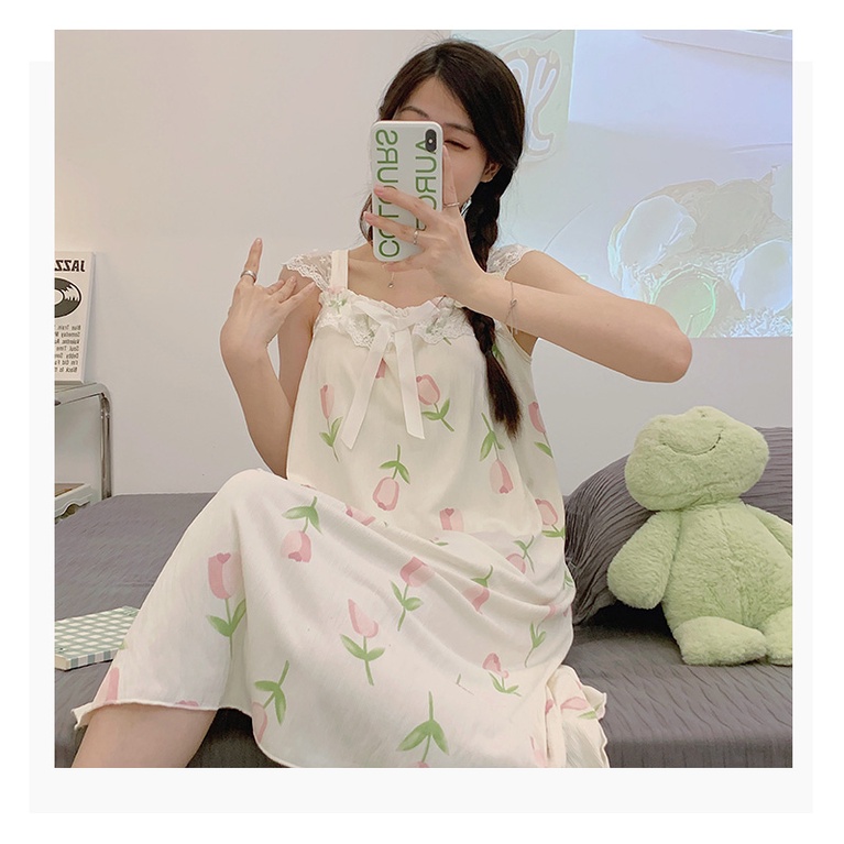 Đầm Ngủ Cotton Dệt Kim Phối Ren Có Đệm Ngực Phong Cách Công Chúa Ngọt Ngào Thời Trang Mùa Hè Kiểu Mới Dành Cho Nữ