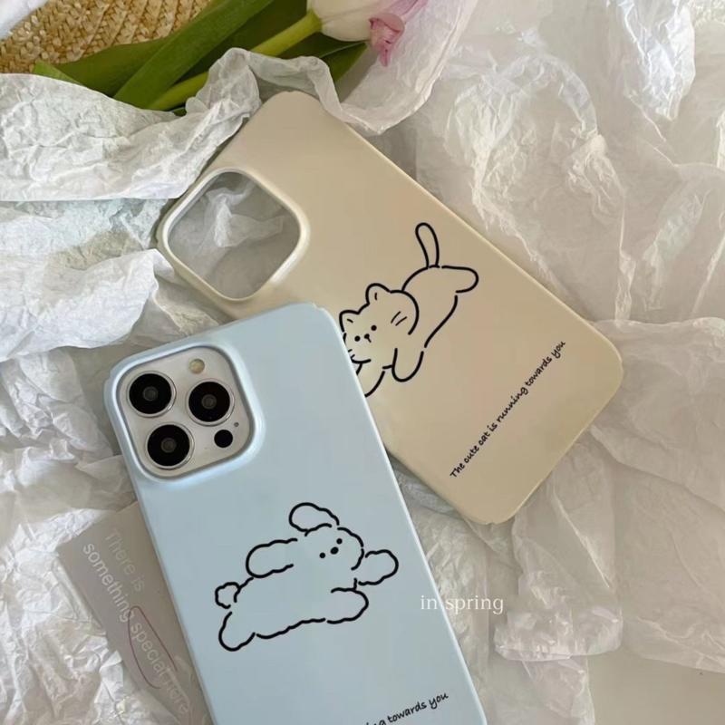 Ốp Điện Thoại Cứng Hình Cún / Mèo Kiểu Hàn Quốc Màu Kem Cho iPhone14Promax 13 11 12 XR XS