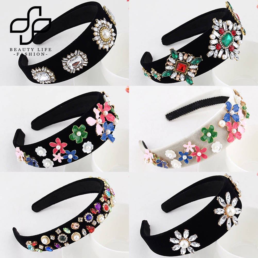 Băng Đô Cài Tóc Đính Đá &amp; Ngọc Trai Giả Hình Hoa Phong Cách Dân Tộc Cho Nữ